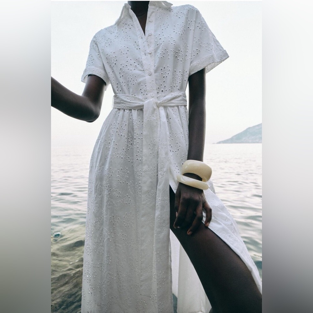 Zara woman collection embroidered White Eyelet midi Dress with belt size S - Picture 5 of 7